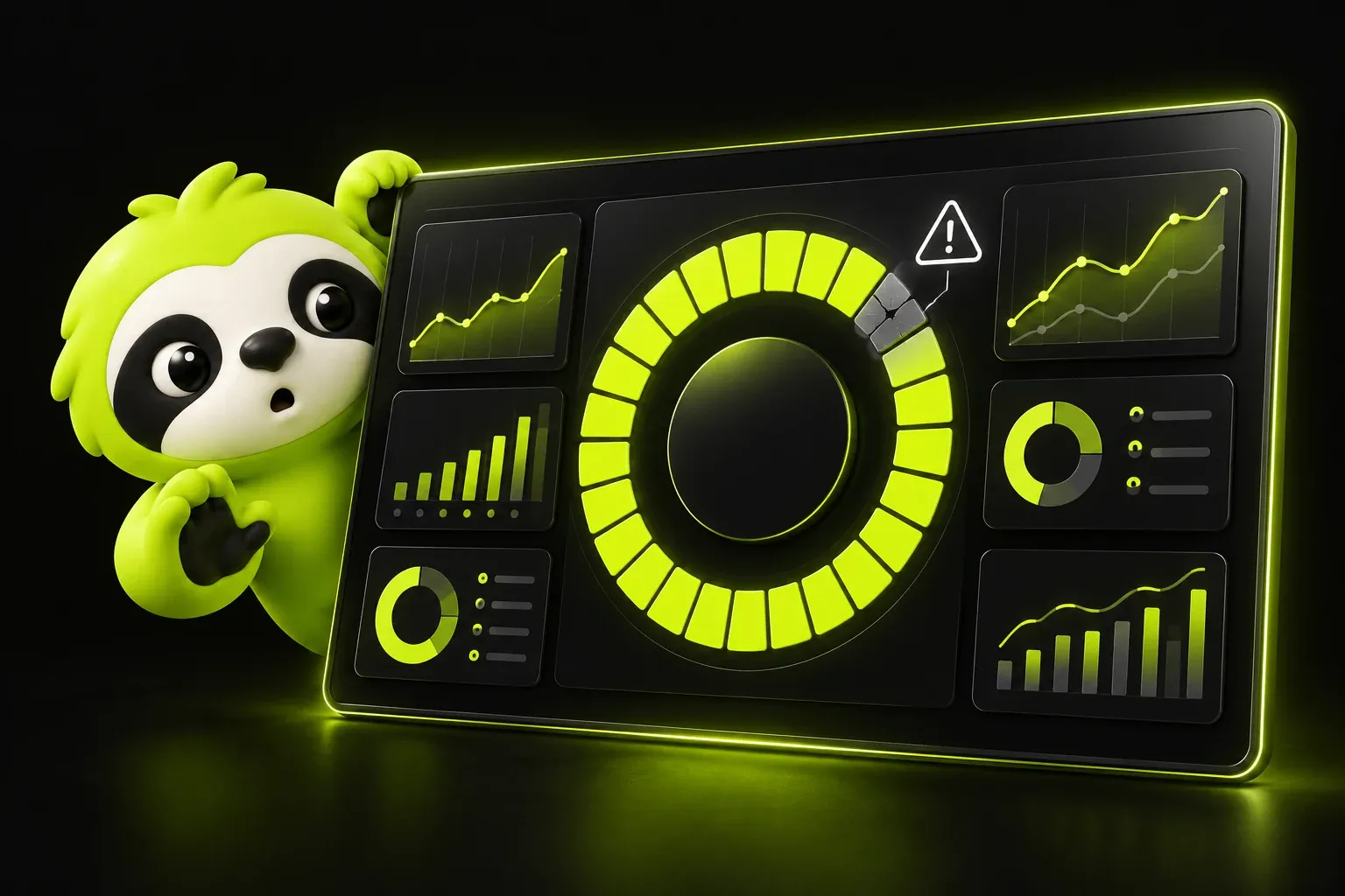Surprised sloth peeking behind a dashboard whose 24-segment gauge has its last segment cracked