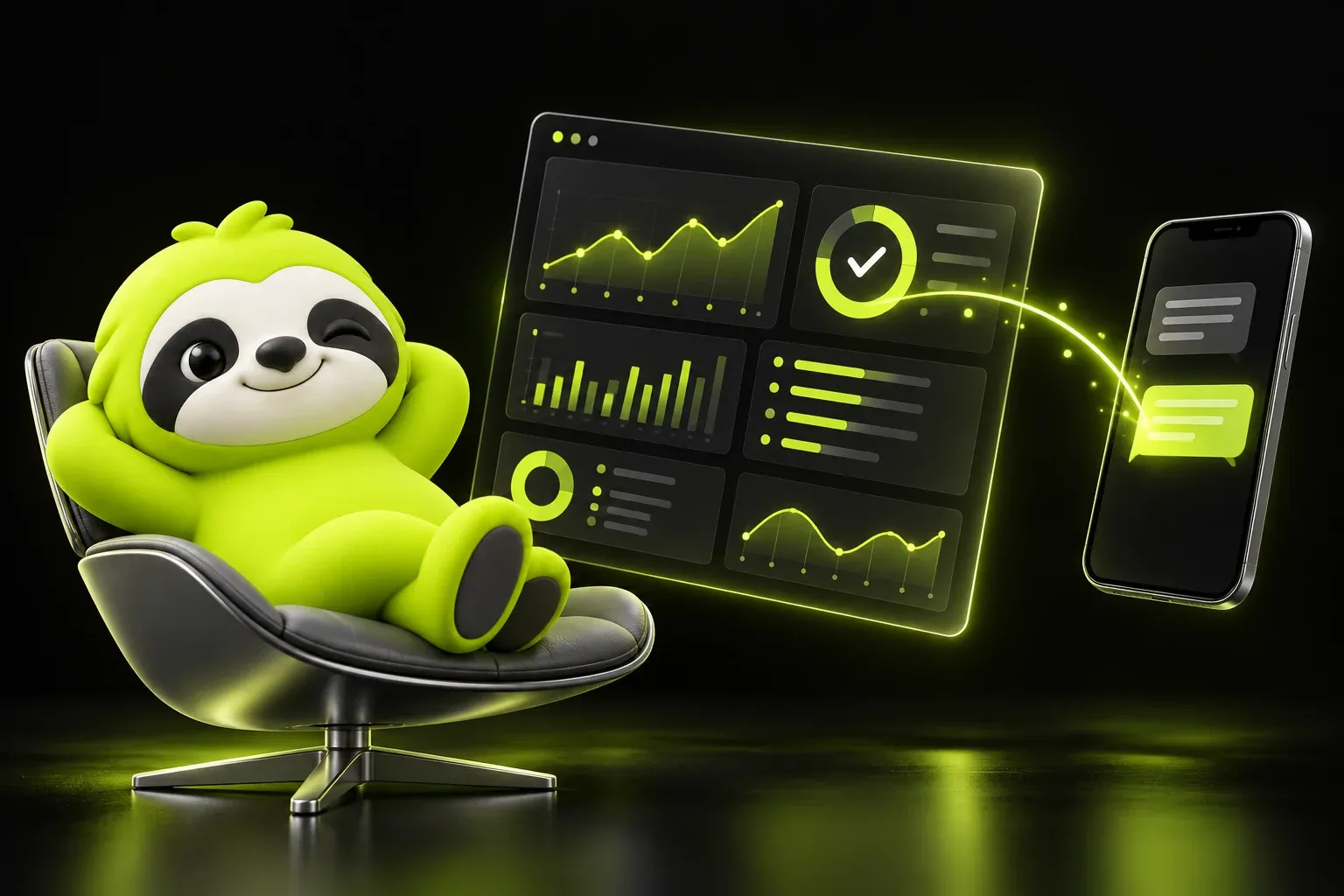 Sloth relaxing in a lounge chair while a dashboard sends a reply bubble to a smartphone