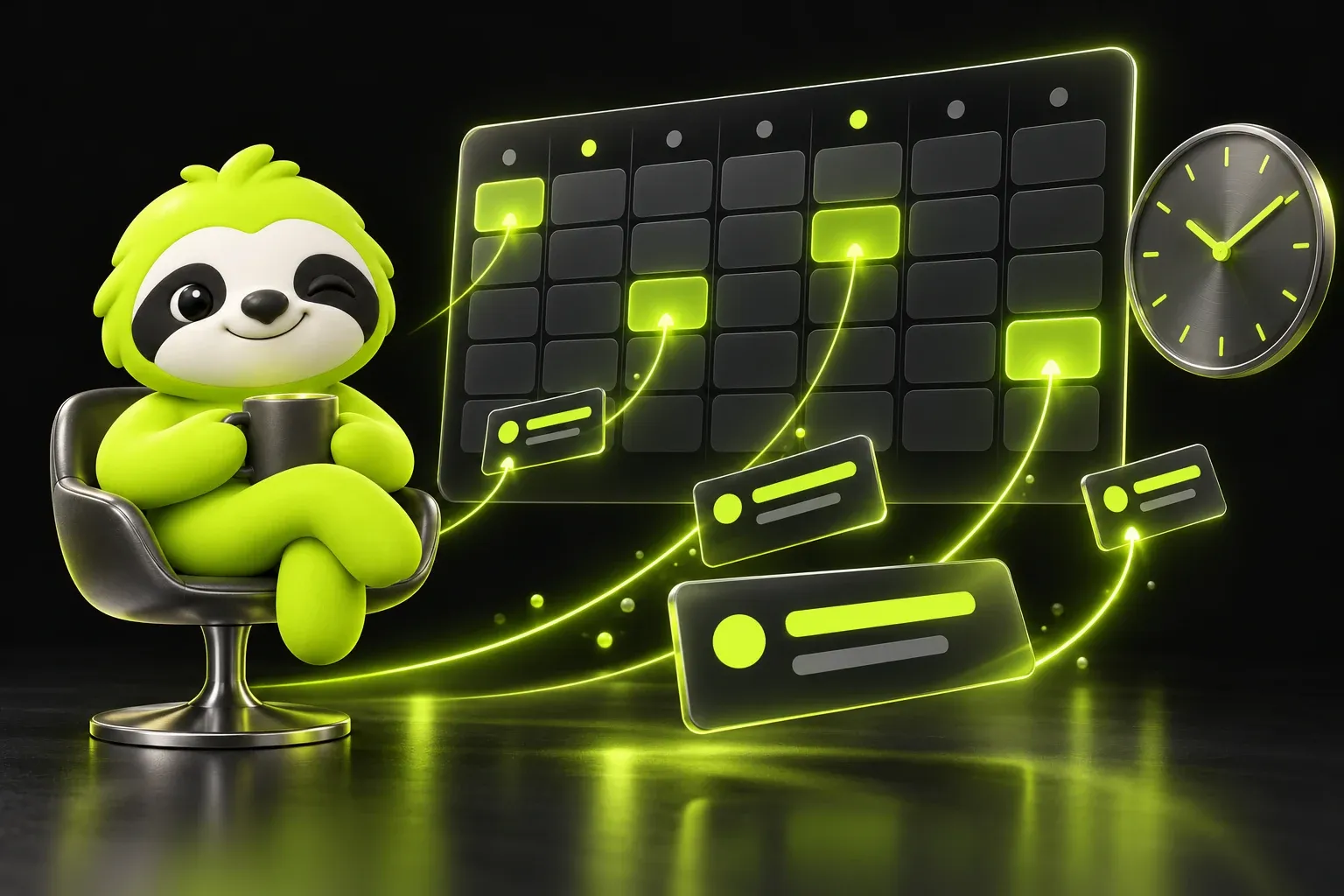 Sloth holding a mug, watching a weekly planner where a few posting slots light up beside a clock