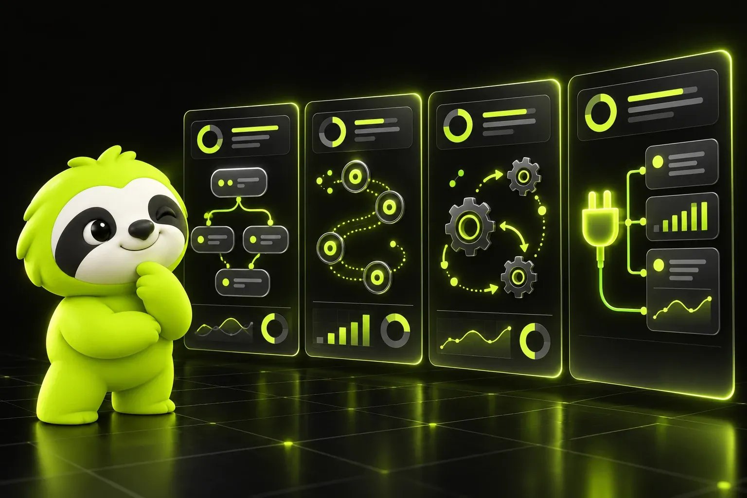 Thoughtful sloth facing four screens, each showing a different way to automate the work