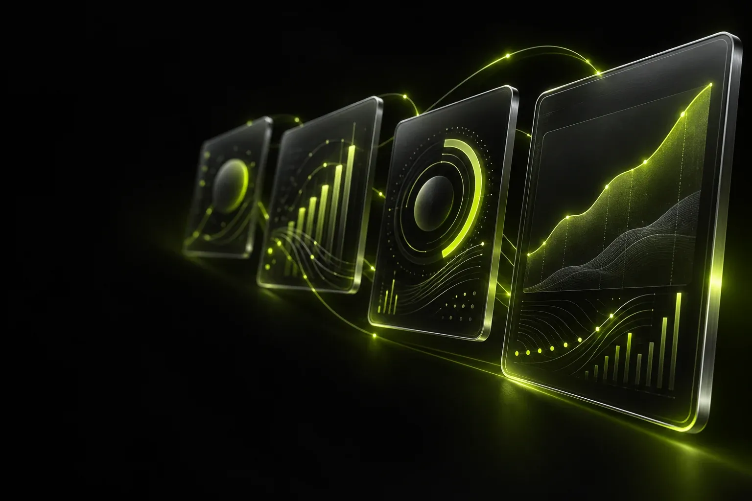 Row of glowing screens growing in size, with charts that climb from one to the next