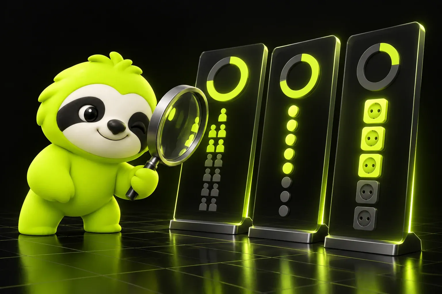 Sloth with a magnifying glass comparing three glowing plan columns side by side