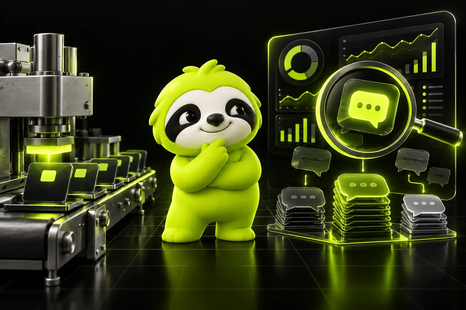Thoughtful sloth between a machine stamping identical replies and a screen sorting messages with a magnifier