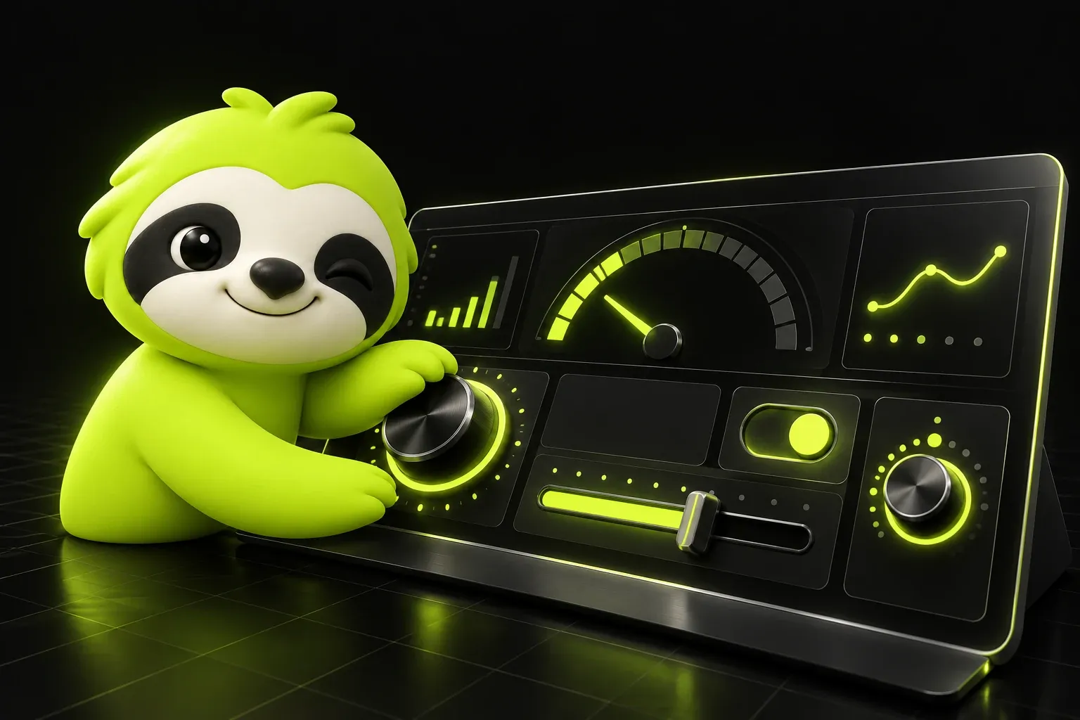 Sloth turning a dial on a control panel full of switches, sliders and gauges